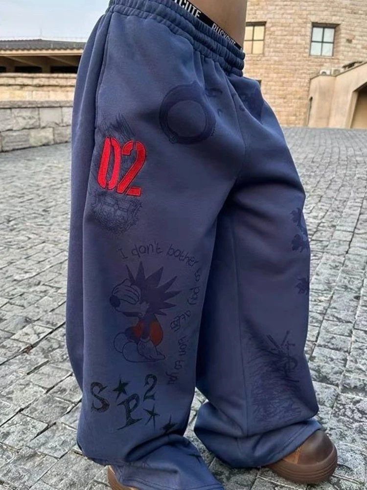 

HOUZHOU Cartoon Letter Printing Women Sweatpants Harajuku Hip Hop Wide Leg American Style Pants Baggy Jogging Casual Streetwear
