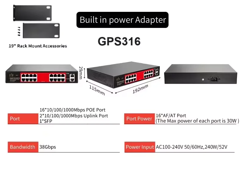 Cloud Management 4/6/8/16 Port POE switch L2 48v Active IEEE 802.3 AF/AT for Industrial IP Camera CCTV RJ45 Console Port VLAN