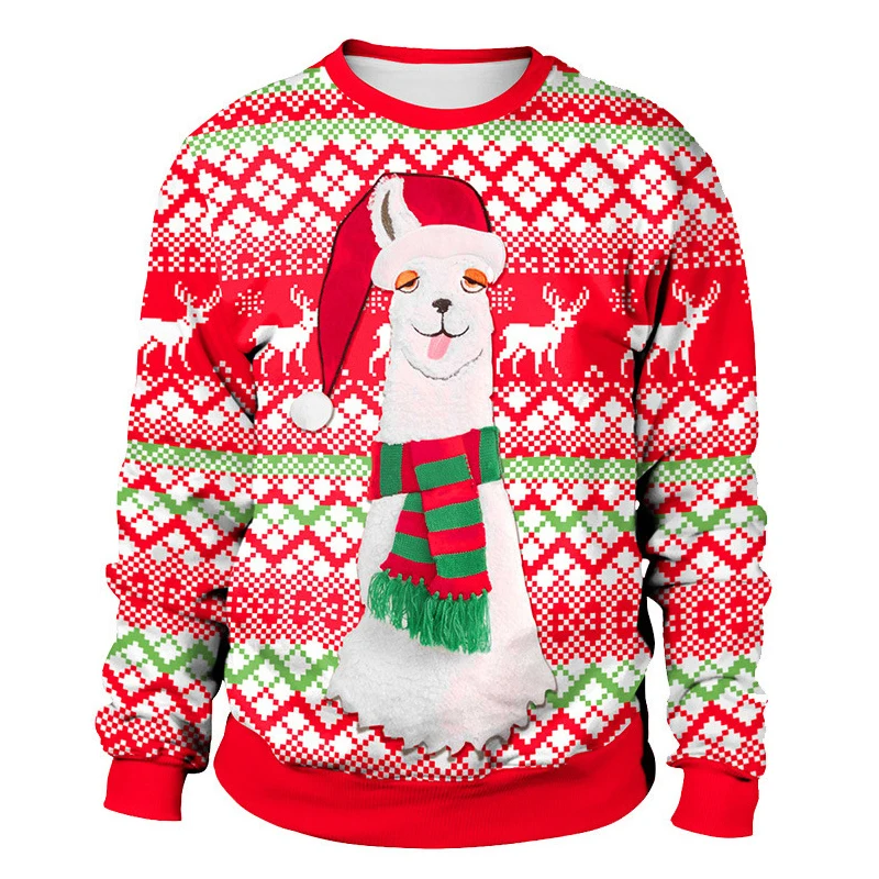 Maglione di natale brutto maglione con stampa 3D uomo donna natale elfo fiocco di neve Tacky Top Alpaca Pullover Holiday Party felpa di natale