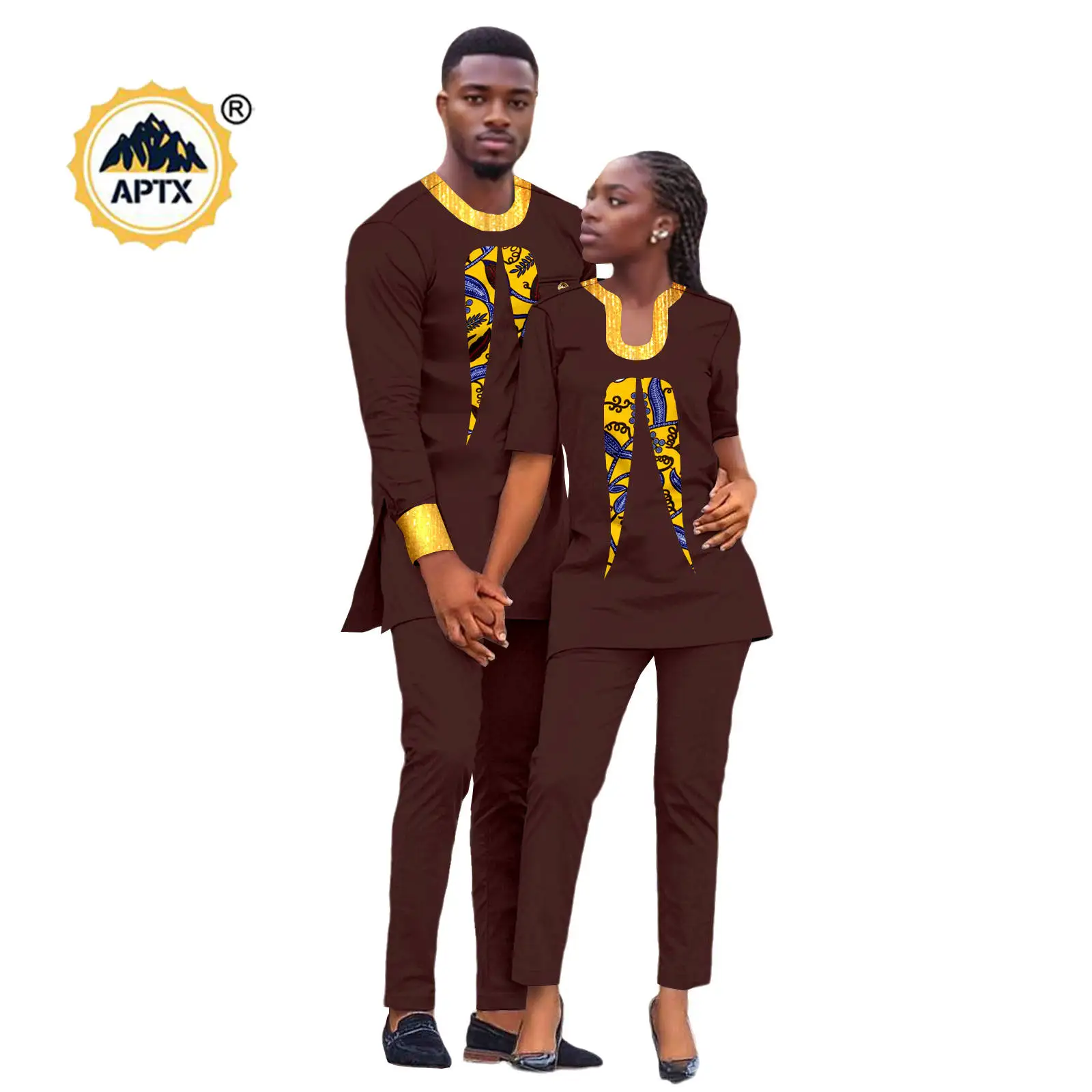 African Women Bright Silk Top and Pant Sets Matching Couple Outfits Dashiki Men Clothes Bazin Riche Agbada Wedding  Suits 25C022