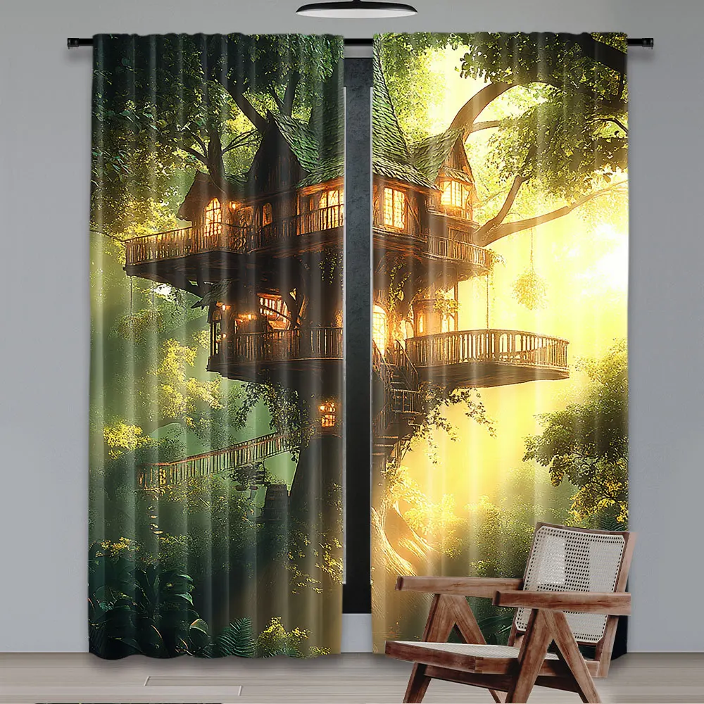 2Pcs Tree House Curtains Wooden House In Fairy Tale Forest Landscape Curtain Suitable For Living Room Bedroom Hotel A