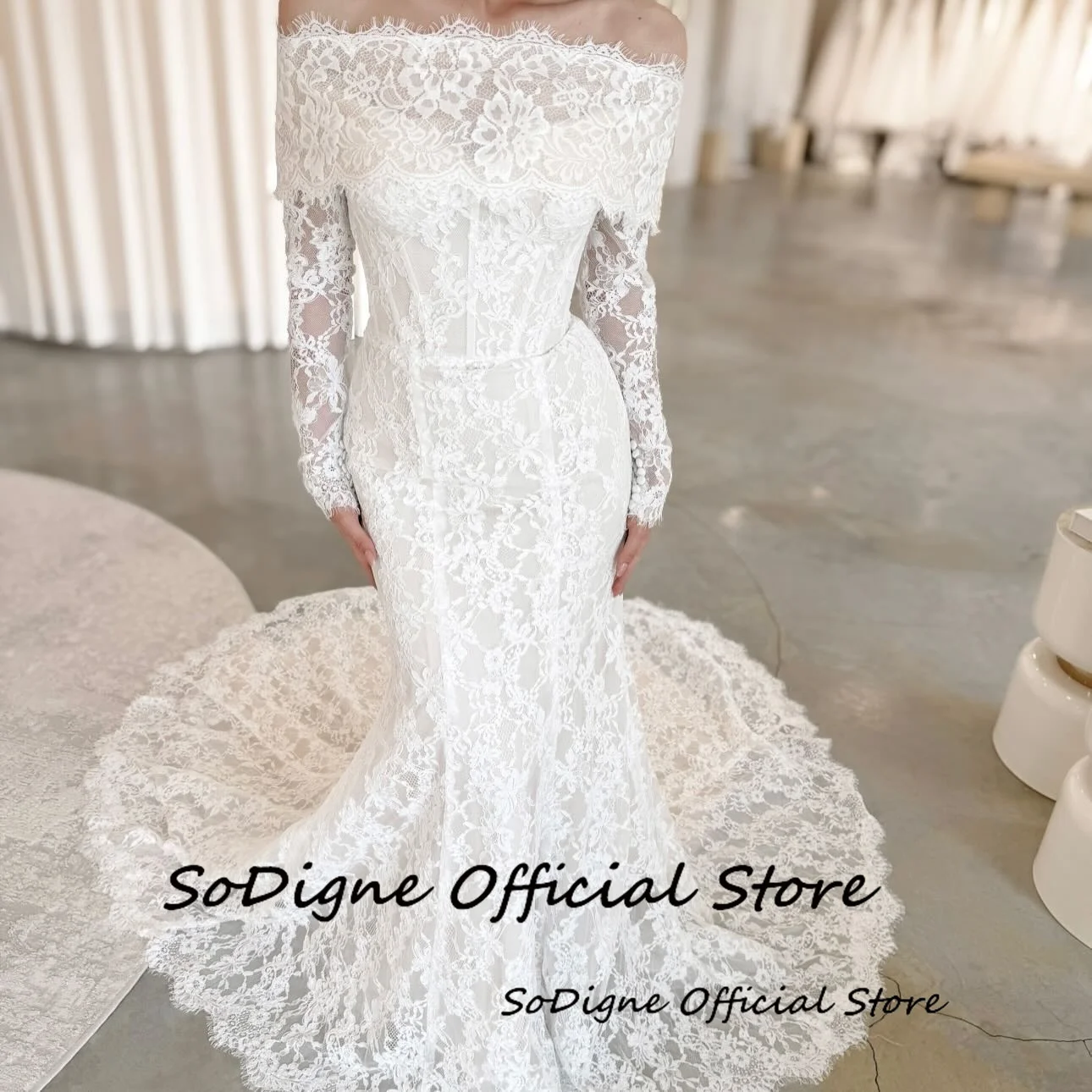 SoDigne Zeemeermin Kant Trouwjurken Off Schouder Lange Mouwen Bruidsjurk 2026 Boho Bruid Jurk vestidos de novia Aangepaste
