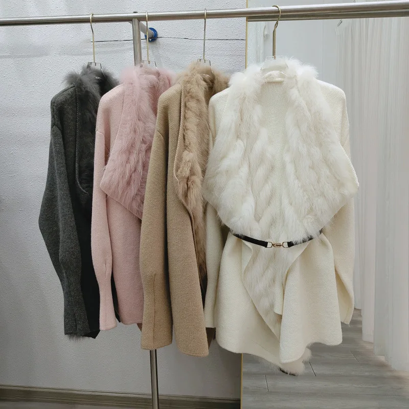 

Winter Coat Fox Fur Collar Knitted Cardigan Sweater Women Thick Clothing Soft Warm Autumn Pink Camel Raglan Sleeves Fashion top