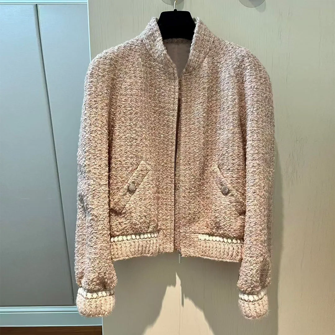 2025 New Spring Fashion Vintage Plaid Woven Tweed Jacket Women Stand Long Sleeve Zipper Pockets Sweet Pink Plaid Design Coat