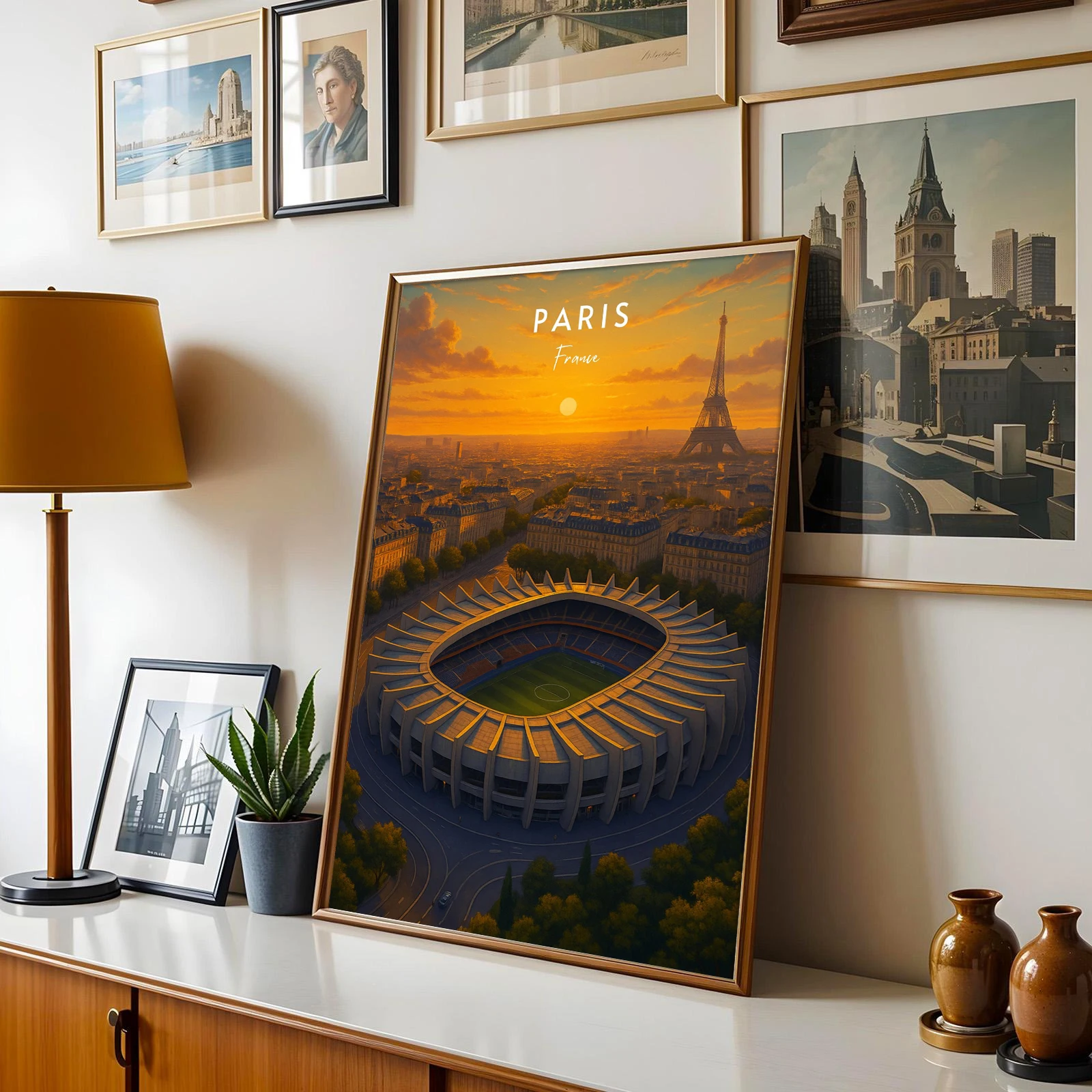 

Travel mural art, Paris, France, Europe, Parc des Princes stadium, Eiffel Tower, modern retro art posters, gifts, home decor.