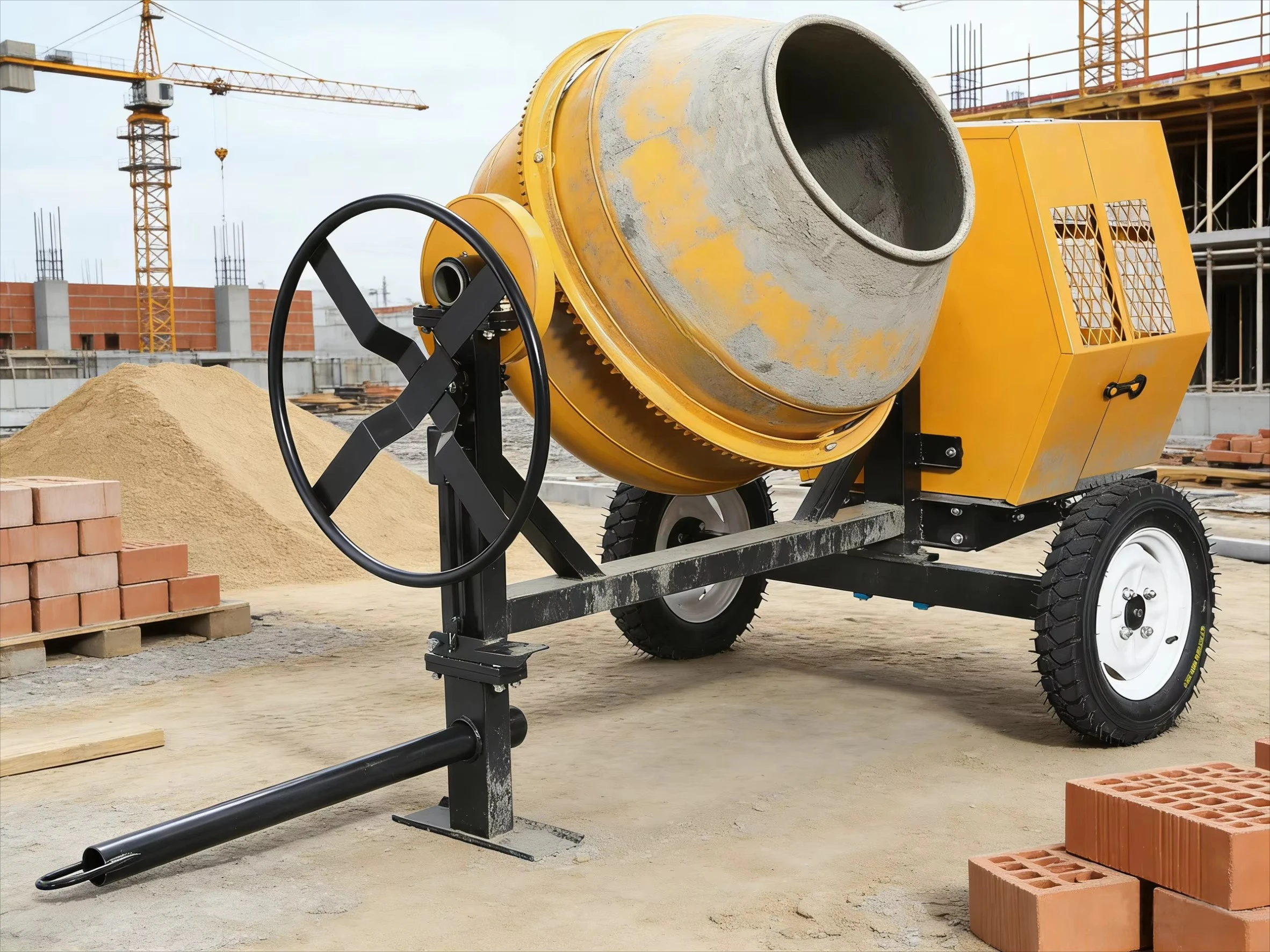 Mezcladoras de Concreto de 350L, 500L, 700L, Tipo de Descarga Lateral de Alta Resistencia con Barra de Remolque, Mezcladoras Industriales para Construcción