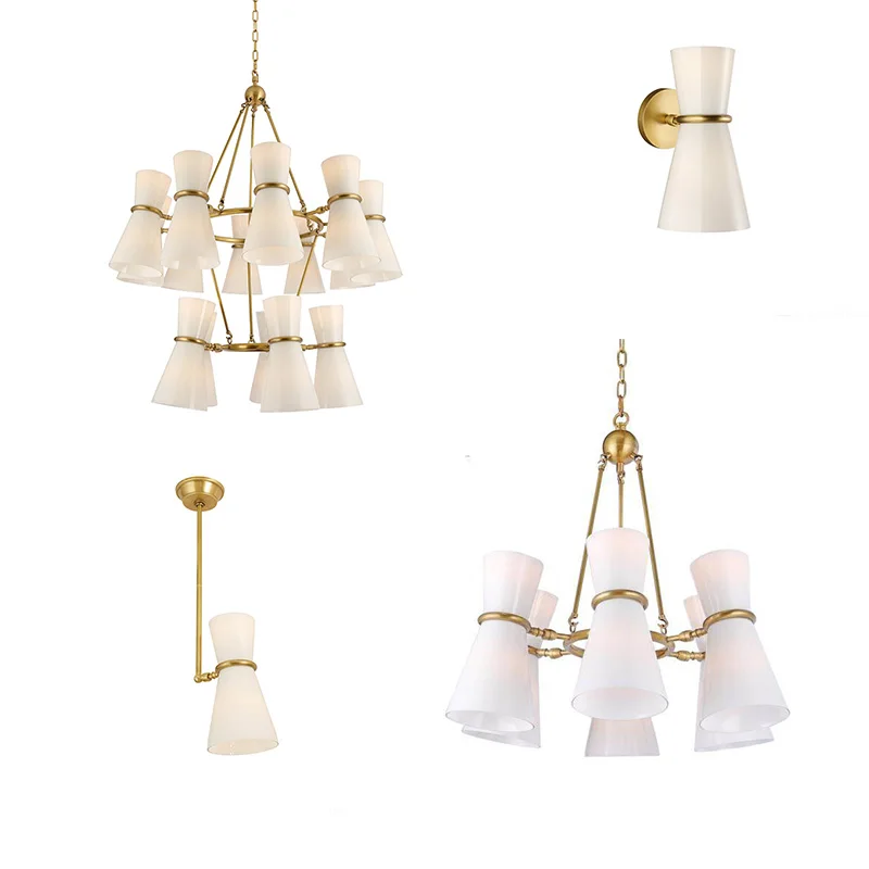 

2026 New White Trumpet Glass Pendant Lamp Brass Finish Dimmable Ceilings Lustre for Hotel Restaurant Bar Living Room