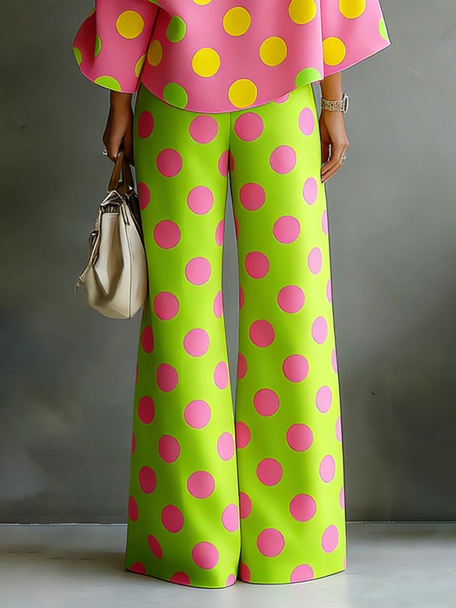 Missuoo Women's Polka Dot 2 Piece Set Pink One-shoulder Shirt Top and Green Wide Leg Pants 2026 Stylish Casual Pant Sets view 5