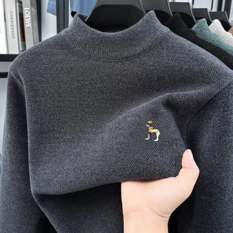 

Luxury velvet warm round neck sweater men's winter fashion high-end brand cartoon dog embroidery Korean casual knitted pullover