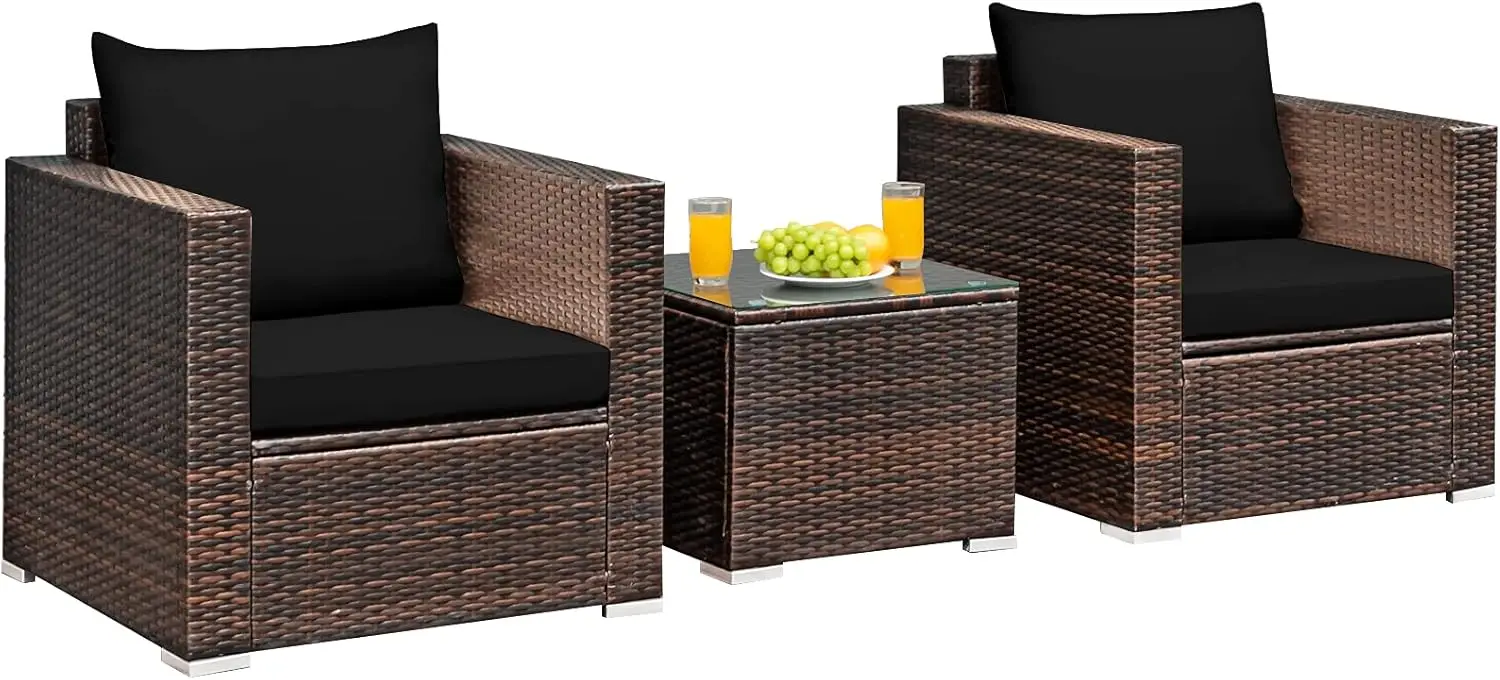 Outdoor Patio Furniture Set - PE Rattan Wicker with Washable Cushion and Tempered Glass Tabletop for Garden, Poolside, Balcony