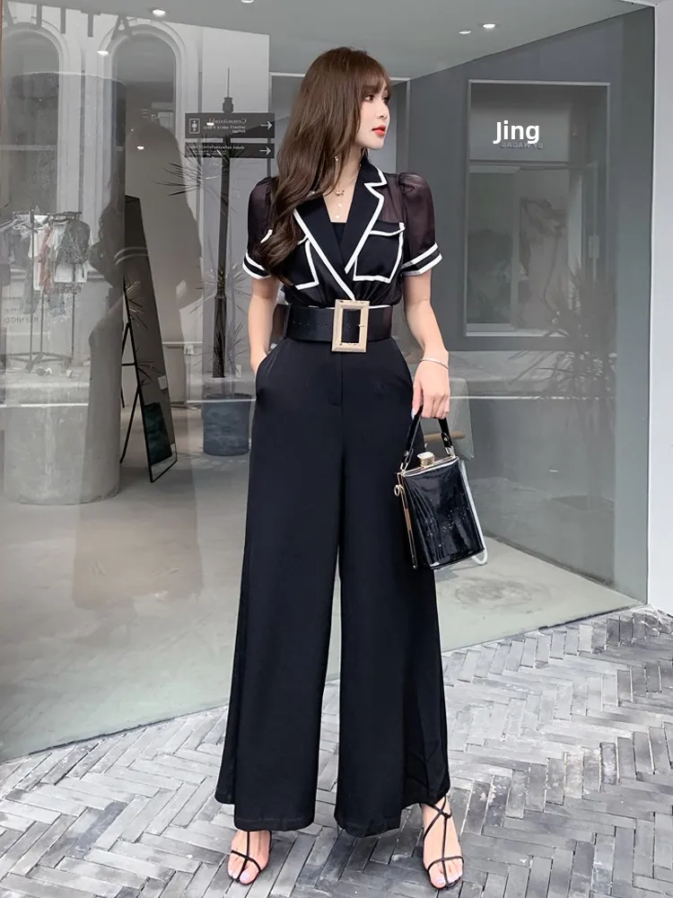 Ele عالية الخصر واسعة الساق بذلة المرأة الصيف Faion بدلة التخسيس طوق قطعة واحدة السراويل عادية عالية الخصر السراويل الطويلة