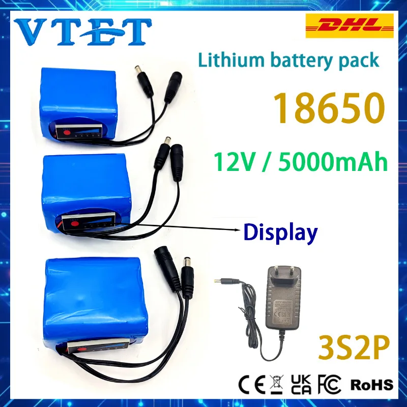 18650 Lithium Battery Pack 3S2P 12V 5000mAh Rechargeable, with Protection Board and 12.6V 1A Charger, High-quality Battery Cells
