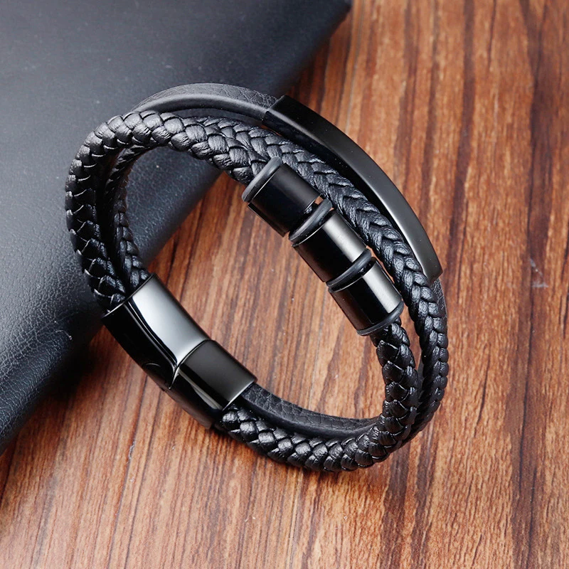 Cattlehide Double-deck Bracelets Male Magnetic Snap Stainless Steel Jewelry Trend 2024 Leather Rope Bracelet