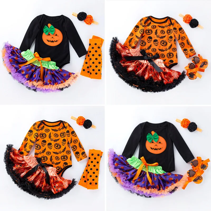 

Autumn and Winter New Halloween Baby Costume Baby Birthday Party Cartoon Pumpkin Long Sleeve Mesh Princess Dress Four-piece Set