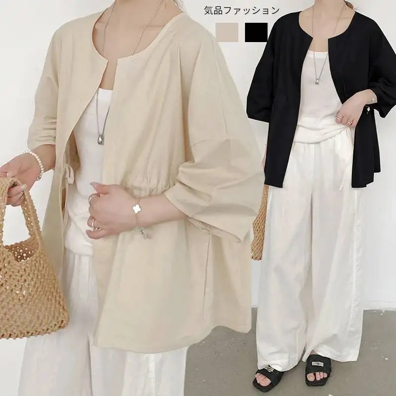 

Japanese and Korean Style Summer Slimming Cardigan Loose Breathable Thin Jacket Women's Linen Cotton Lantern Sleeve Top New