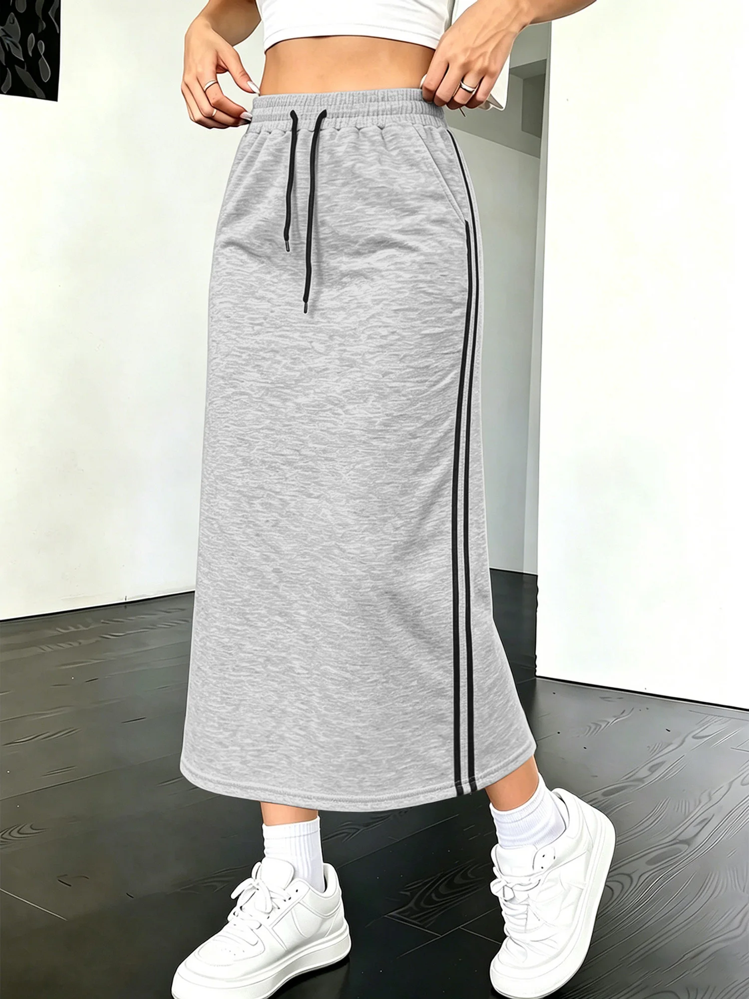 Street Fashion Loose Sweat Midi Skirt Side Tape Stripe Slit Hem High Waist Hip Hop Bottom Skirt