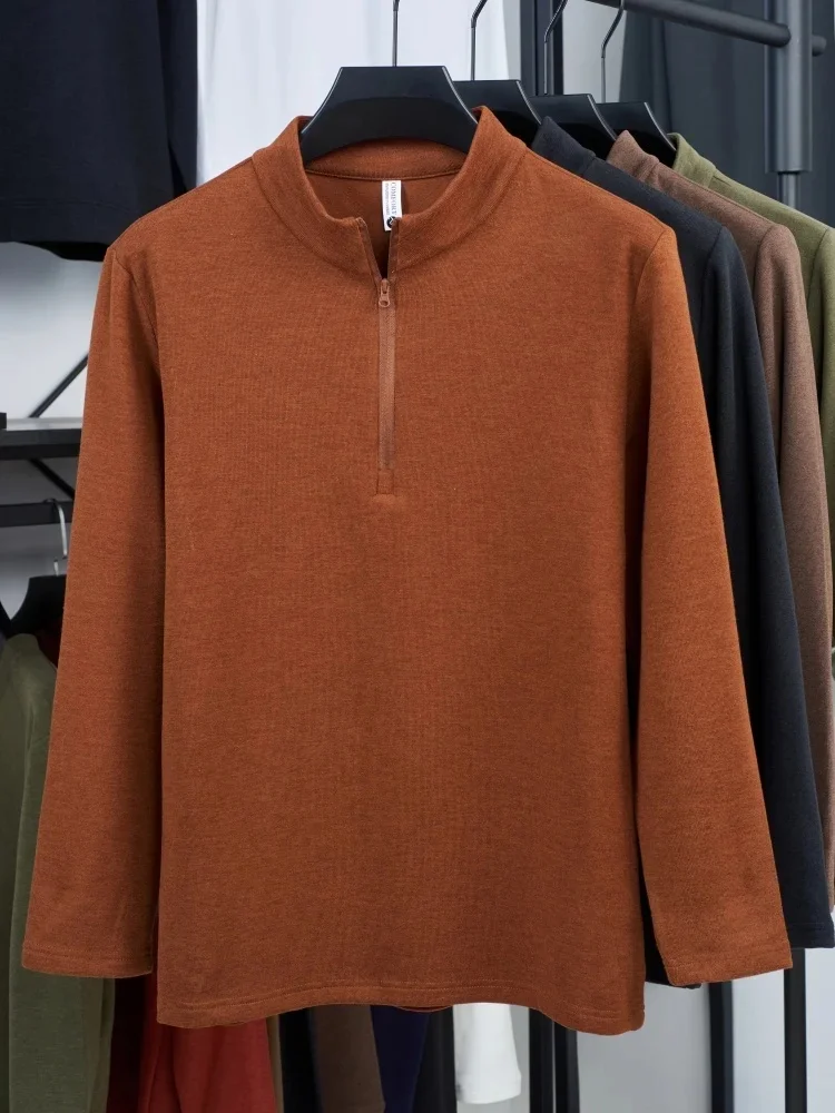 New Autumn and winter Men's long sleeved T-shirt double-sided velvet comfortable and warm half zipper