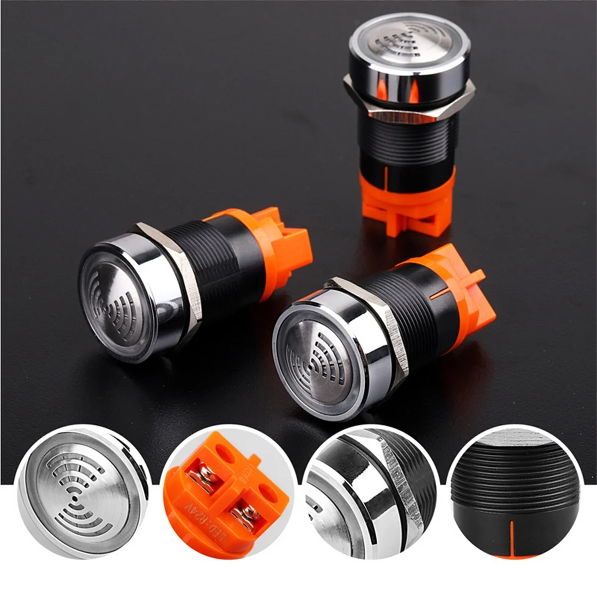 ABNJ 22mm Red Flashing High Decibel Waterproof IP65 Buzzer Brass Chrome Plating LED Buzzer Intermittent Flash DC12V