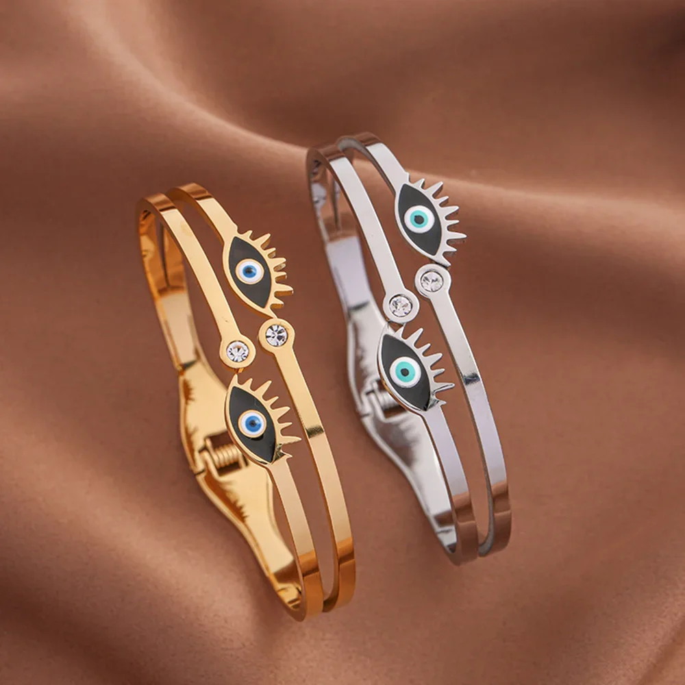 

Vintage Devil Eyes Open Cuff Bracelet for Women Men Gold Plated Oil Drop Double Layer Charm Bangles Amulet Jewelry Accessories