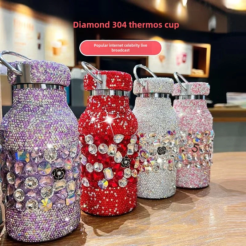 

17oz stainless steel thermos cup inlaid with diamond lovely pink travel cup simple modern cup large capacity water cup with diam