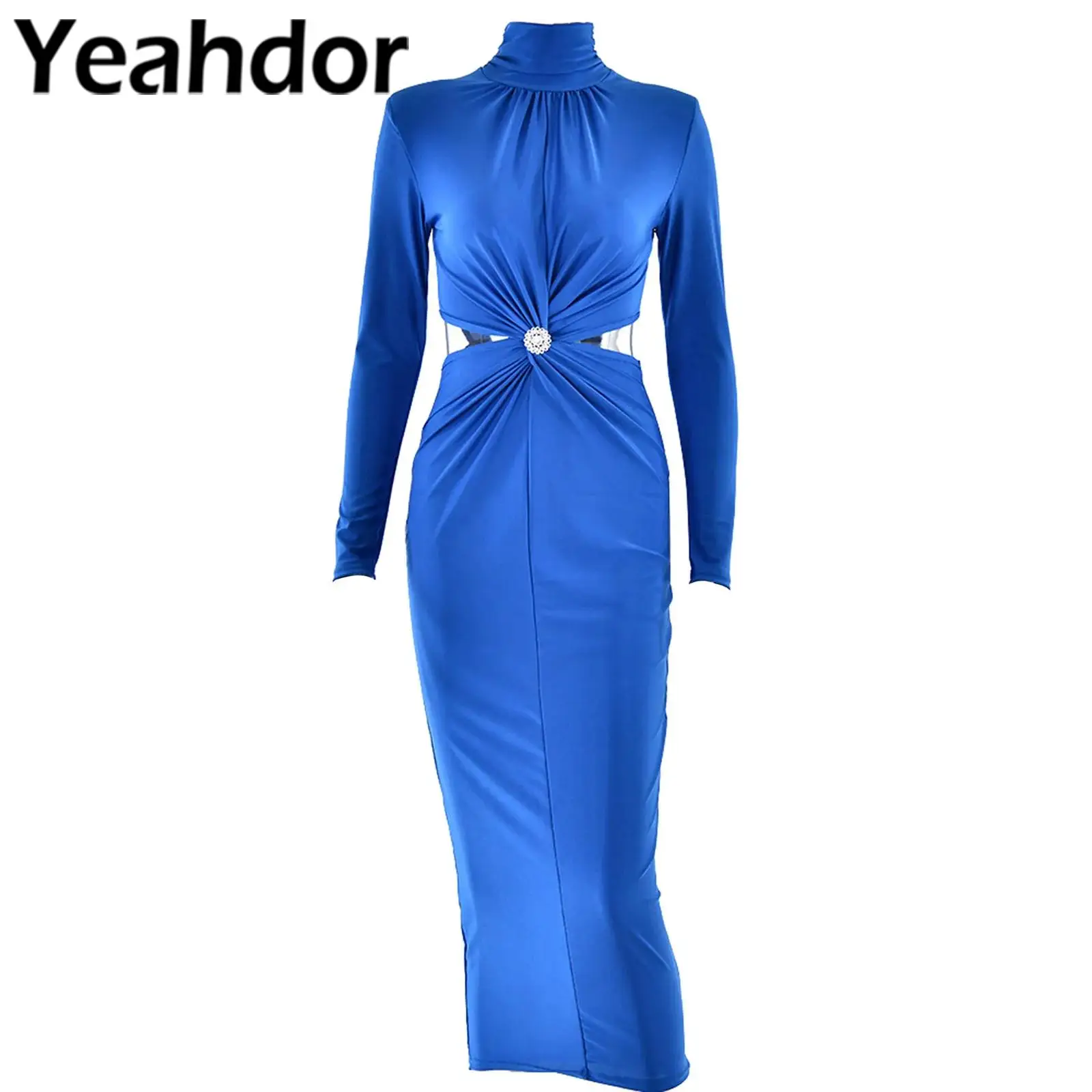 

Womens Satiny Long Evening Dress Rhinestones High Collar Long Sleeve Ruched Waist Cutout Bodycorn Dress for Banquet Party Gown