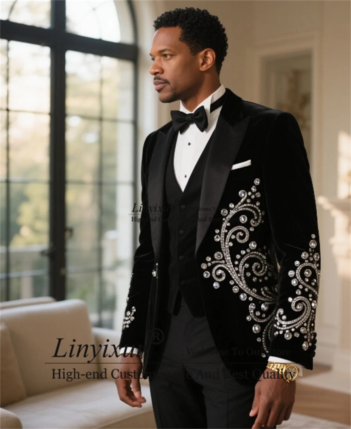 

Customized Beaded Gem Crystals Tuxedos Men Suits Business 3 Pieces Sets Wedding Groom Costume Homme Slim Male Party Prom Blazers