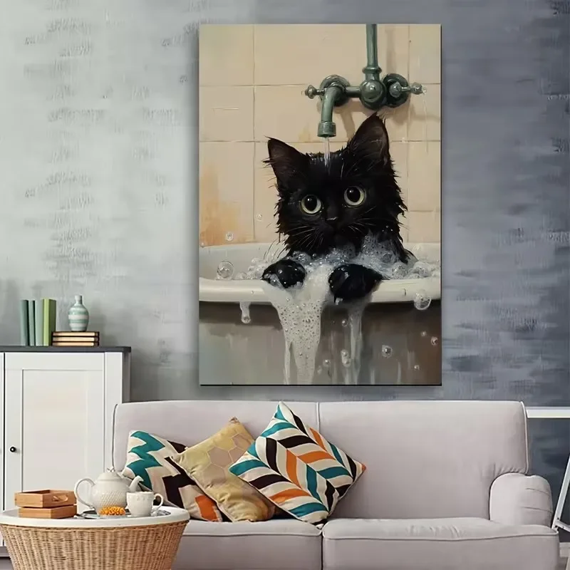 Black Cat Taking A Bath Poster and Prints Canvas Painting Wall Art Picture for Bathroom Living Room Home Decor Cuadros