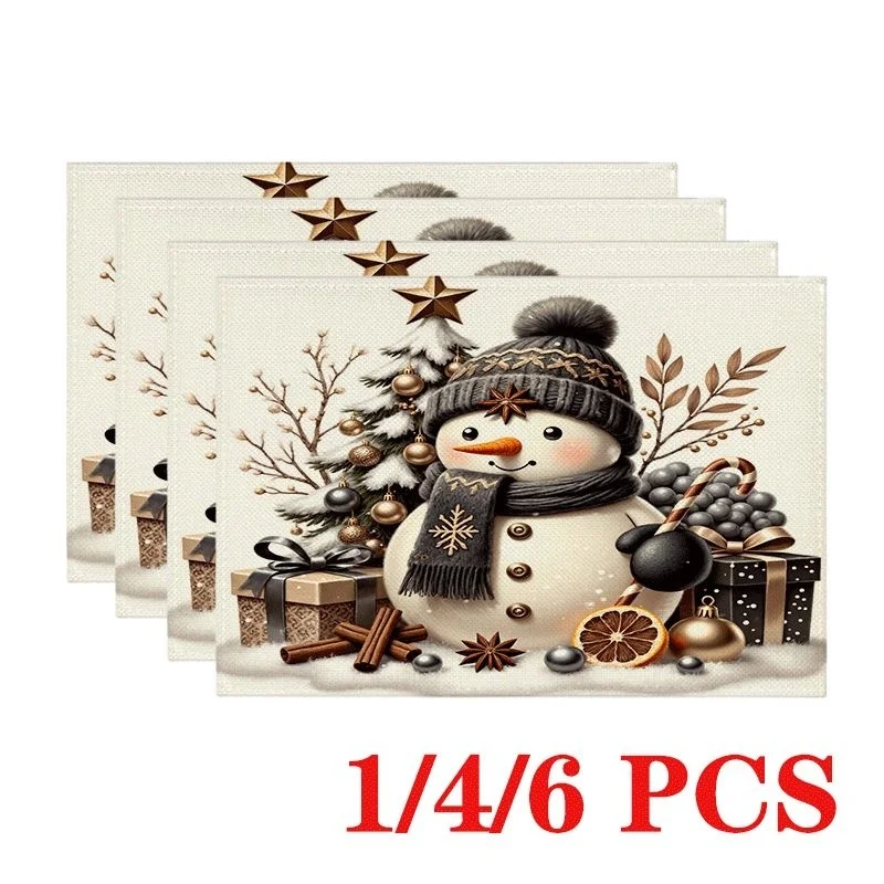 Retro Style Snowman Knitted Hat Scarf Christmas Tree Gift Cinnamon Dried Orange Print Table Mat Neutral Tone Winter