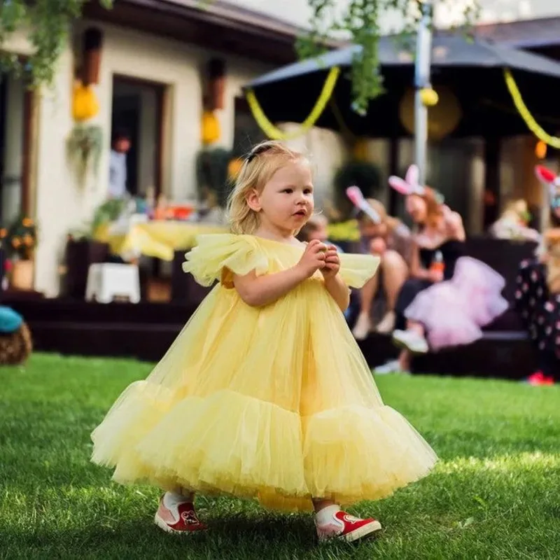 

Yellow Color Flower Girl Dresses For Wedding Party Sleeve Puffy Tulle Skirt Girls' Pageant Gowns Kids Birthday Christening