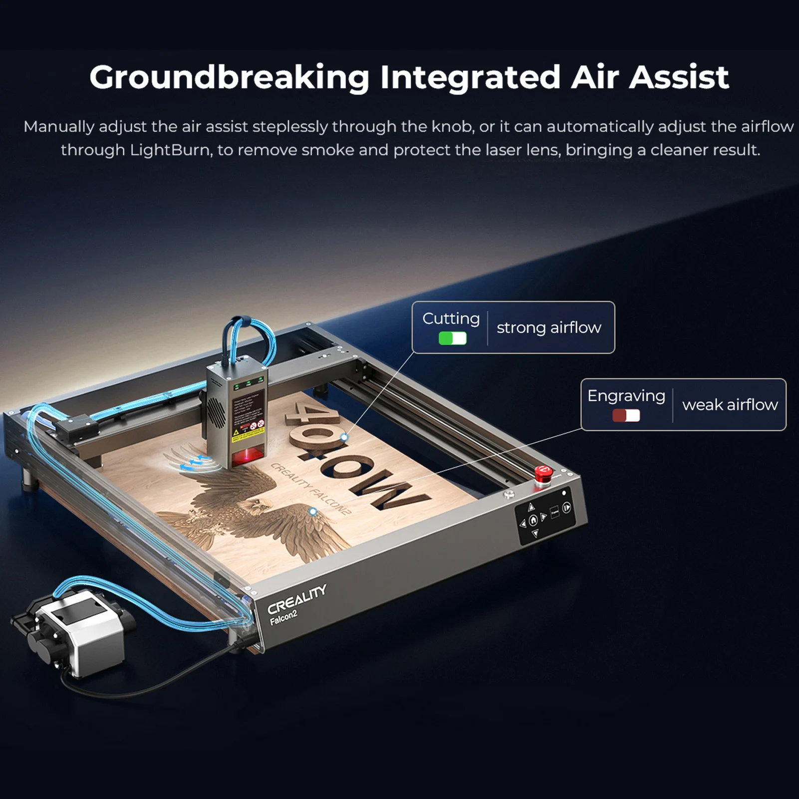 Creality Falcon2 Laser Engraver 40W Laser Head with Integrated Air Assist System High Speed Adjustable Laser Spot Steel Color