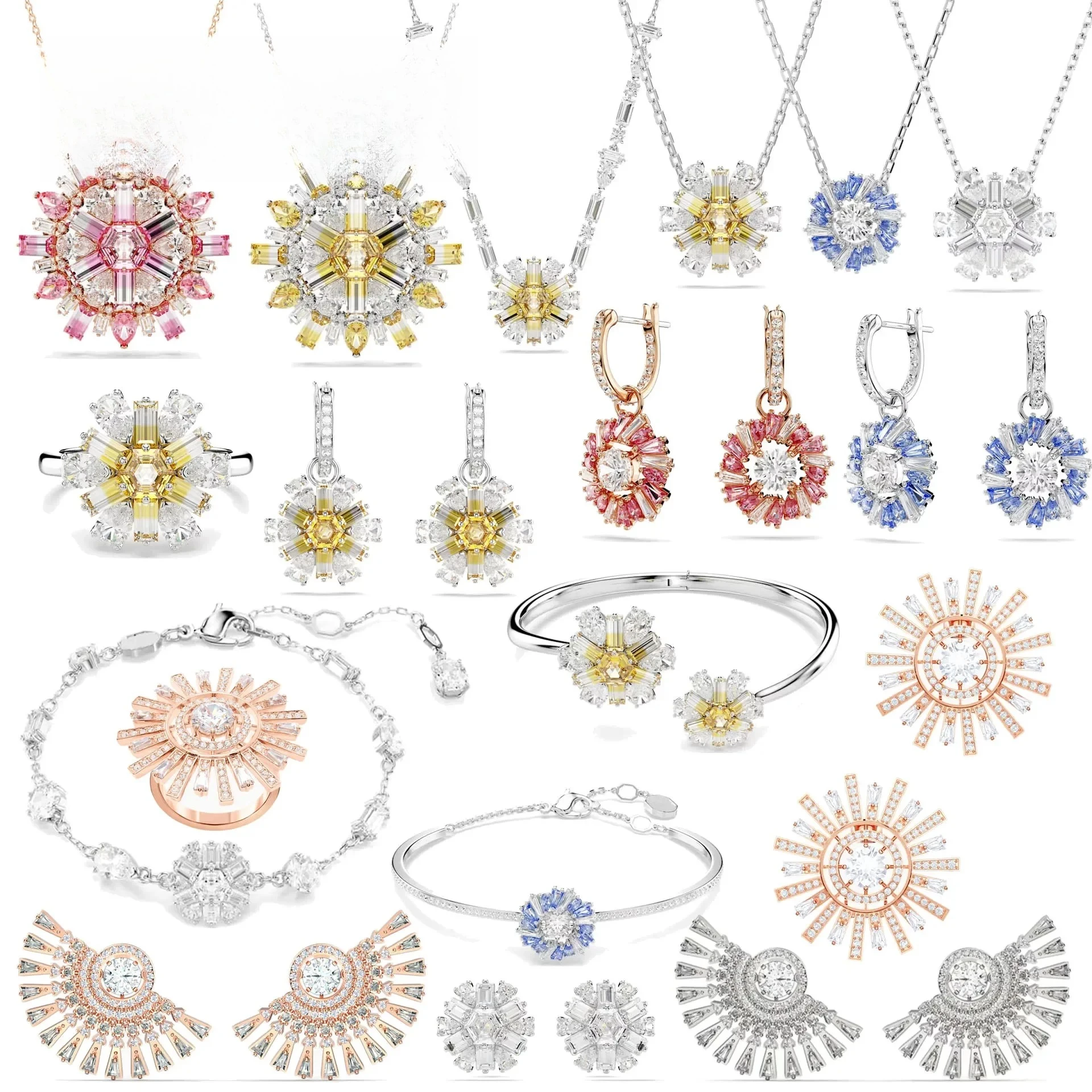 Juego de Joyería de Lujo de Alta Calidad con Flores Amarillas, Collar, Pendientes, Anillo y Pulsera en Rosa y Azul, un Exquisito Regalo para Mujer