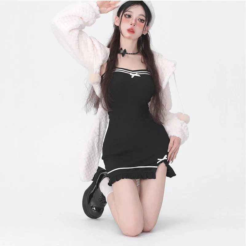 Sweater Dresses Korean Two Piece Set Women Sweet Mini Dress Suit Rabbit Ear Long Sleeve Coat + Female Knitted Slip Dress 2023