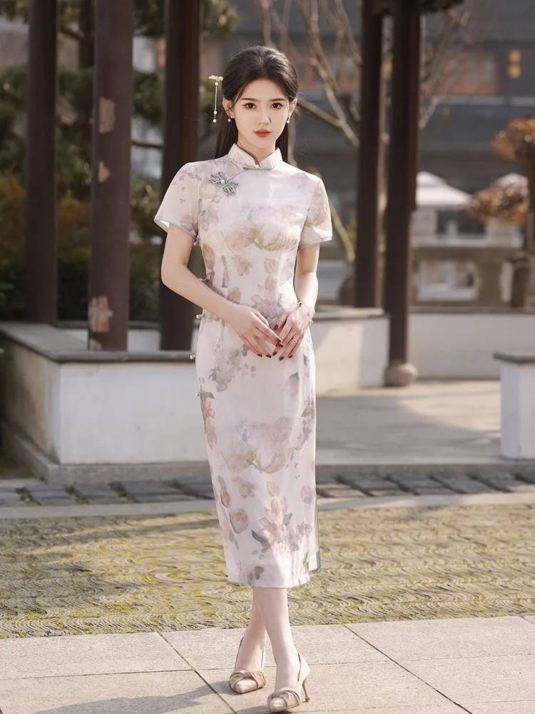 Summer Retro Short Sleeve Rayon Cheongsam Female Slim Elegant Qipao Women Fashion Vintage Chinese Style Dress