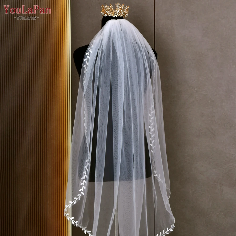 YouLaPan V129A Elegante Hochzeit Schleier 1 Tier Braut Schleier mit Spitze Grenze Trim Weiche Tulle Schleier Weiß Kathedrale Hochzeit Zubehör