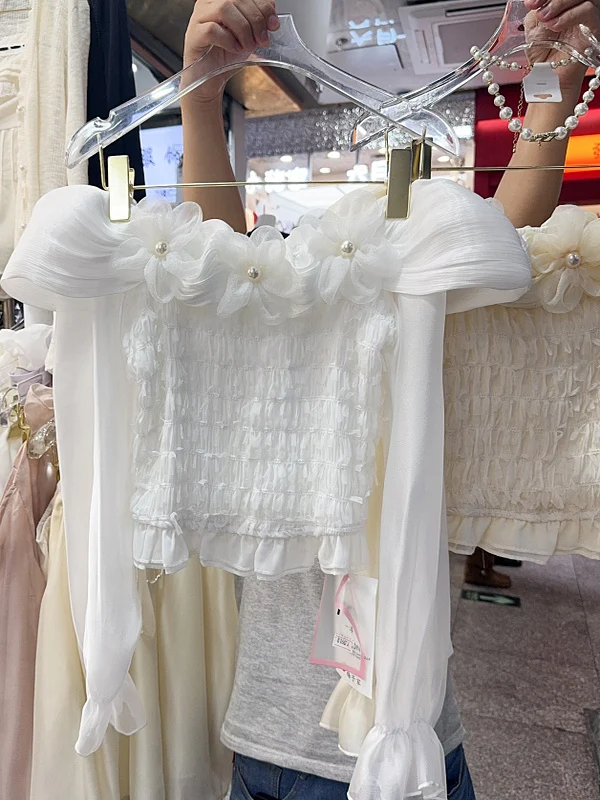 

French Floral Lace Shirt for Women Sexy Shoulder Chic Top Autumn New Style Long Sleeved Shirts