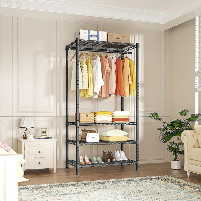 Freestanding 4 Tiers Garment Rack for Hanging Clothes with Shelves and Hangers, Closet Organizers