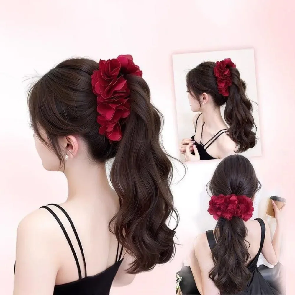 

Synthetic Ponytails Charming Elegant Red Rose Flower Banana Clip Curly Hair Wig for Women Nature Fluffy Temperament Hair Extensi