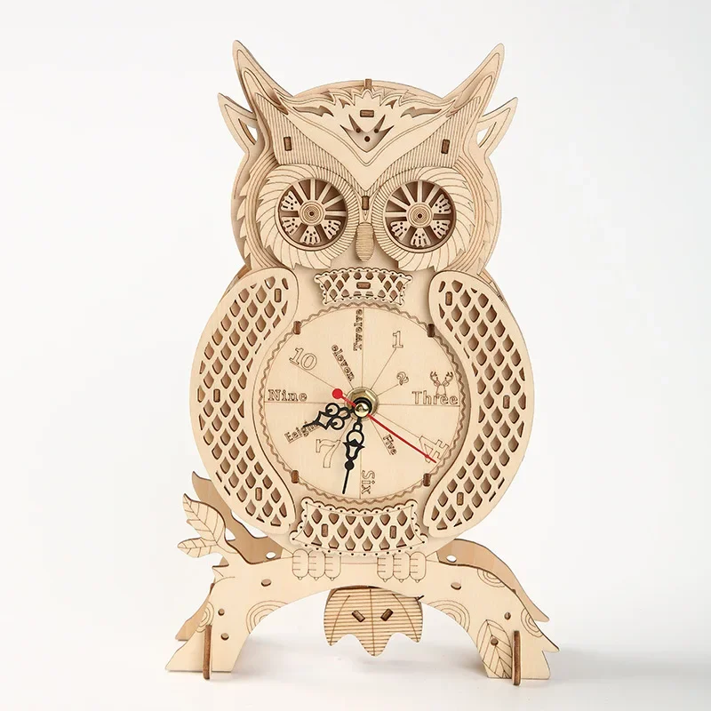 Wooden Owl Desk Standing Pendulum Clock Mechanical Model DIY Assembly Kits 3D Puzzle Toy for Home Decoration