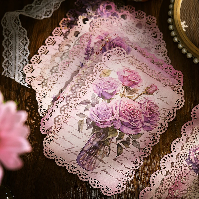 Vintage Rose Lace Papel, DIY Diário Decoração, Planta Flor INS Etiqueta, Álbum Scrapbooking, Papelaria Kawaii, 10 Folhas