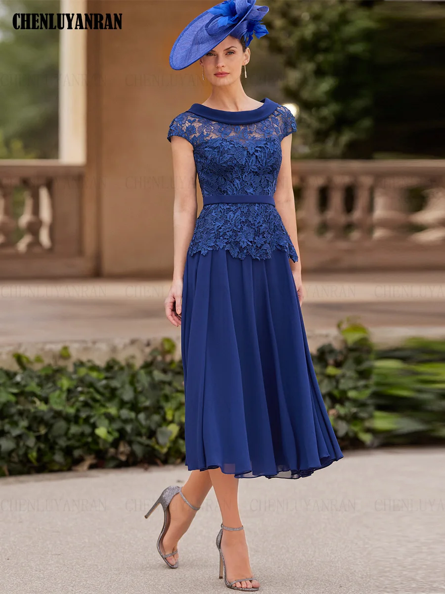 Classic Mother of the Bride Dresses 2023 A-line O-neck Wedding Guest Gowns Chiffon Lace Belt Tea-Length Dress Women For Wedding