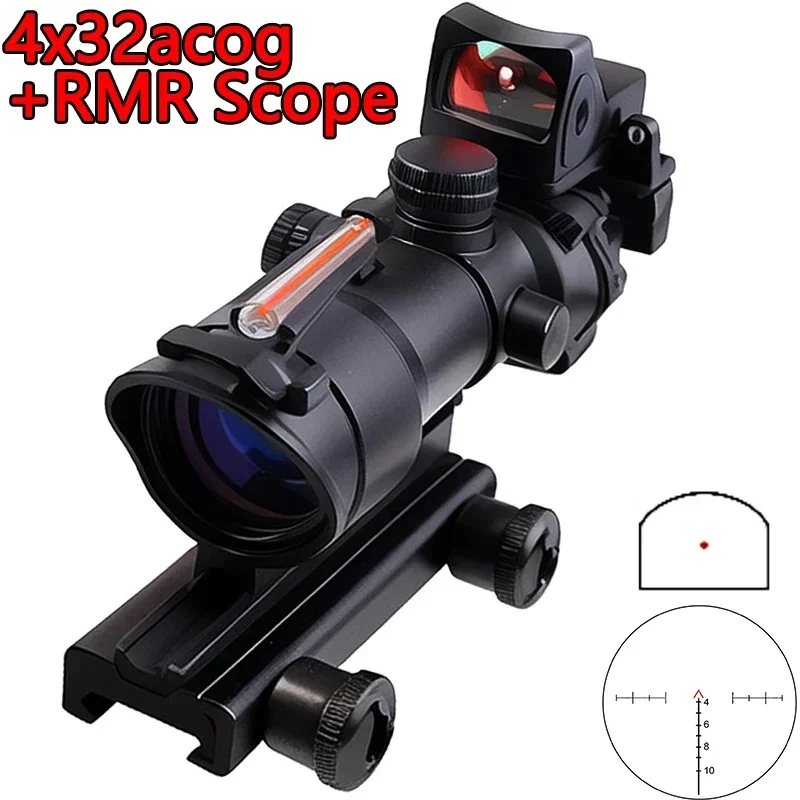 

4x32with RmR Red Fiber Scope Red Dot Sight Riflescope Hunting Optics Etched Reticle with Mini Red Dot for 20mm Picatinny Rail