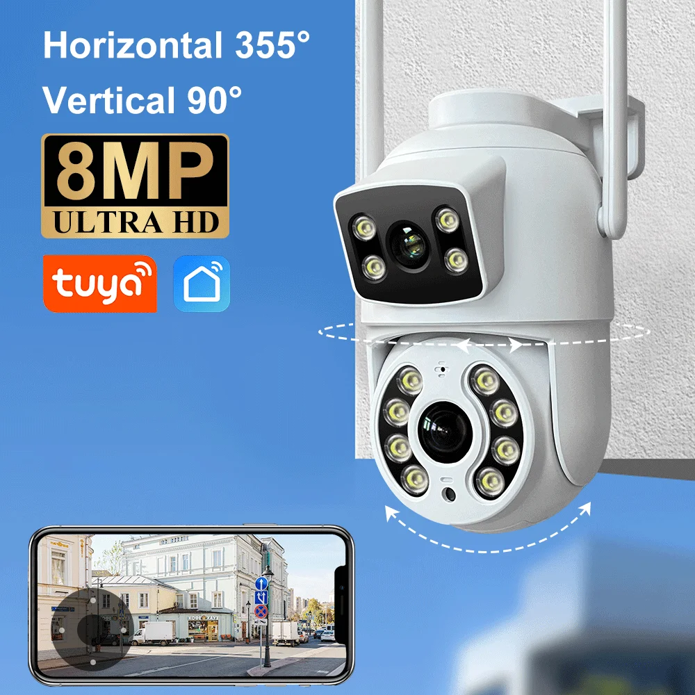 

8-мегапиксельная граффити с двумя объективами, Wi-Fi, панорамирование, наклон, открытый, двойной экран, AI, автоматическое отслеживание человека, защита безопасности, цветная камера ночного видения