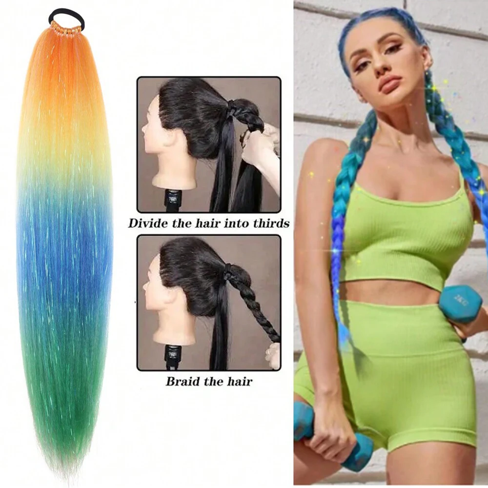 26Inches Sparkle Colorful Ponytail Hair Extensions With Elastic Hair Bands Gradient Color Braiding Festival Carnival Hair Color