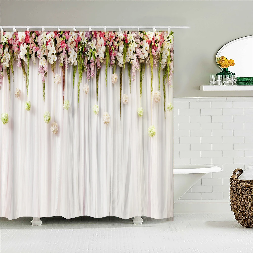 Home decoration shower curtain bathroom curtain 3D beautiful flowers printing waterproof polyester curtain with hook 240x180cm