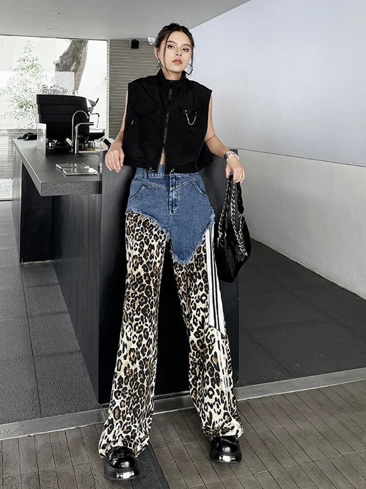 NYFS 2024 Summer New European American Street Woman Trendy Jeans Loose Plus size Elastic Waist Denim leopard Patchwork Trousers