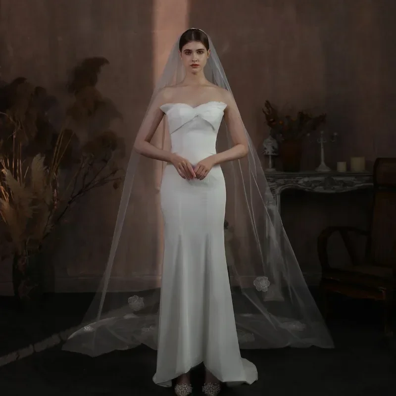 Long Bridal Veil White Flower Trail Church Tour Wedding Headwear with Hair Comb