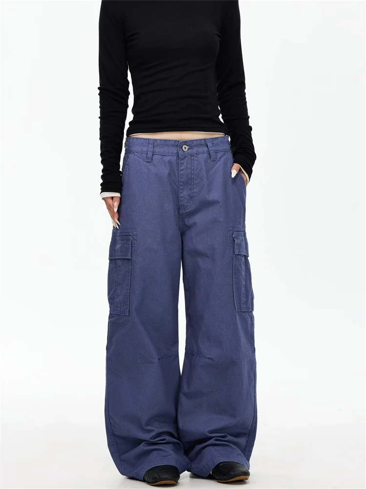 Women's Multi Pocket Cargo Blue Trousers Street Wide Leg Bottoms Casual Unisex Sweatpants Female High Waist Pants Women