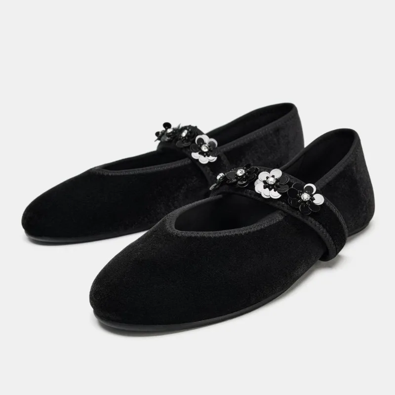 

Velvet Fashion Ballet Flats Woman Bling Round Toe Comfort Casual Flat Shoes Female Buckle Black Elegant Woman Mary Jane Shoes