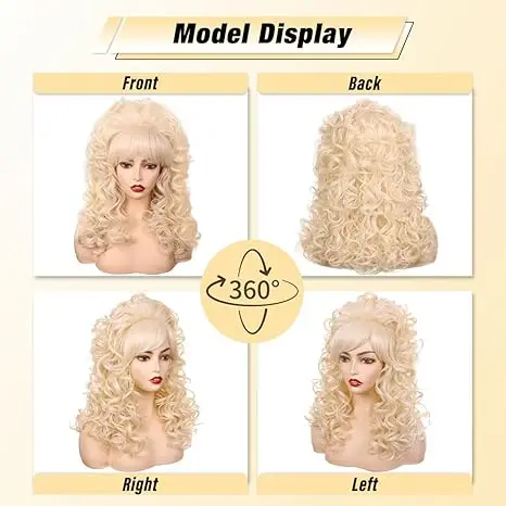 80s Long Curly Vintage Cosplay Wig with Bang for Women 60 70s Queen Synthetic Hair Wigs for Halloween Party