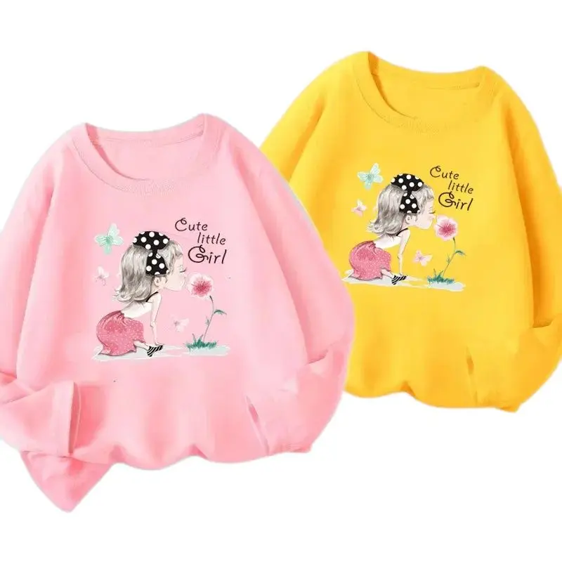 Girl Long Sleeve T-shirt  Spring Cute Little Girl Like Flowers New Korean Style Loose O-Neck Pink Tops